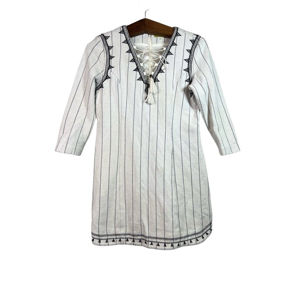 Gianni Bini Ivory/ Black Embroidery  Tianna  Stretch Dress Stripe Boho Size M